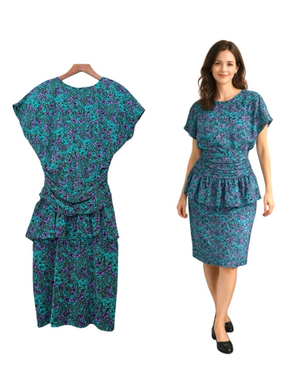 Vintage 80s Union Made Pantel Peplum Floral Midi Dress Made in Canada Small